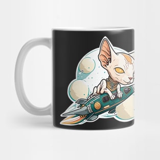 Sphinx cat rides a rocket in space Mug